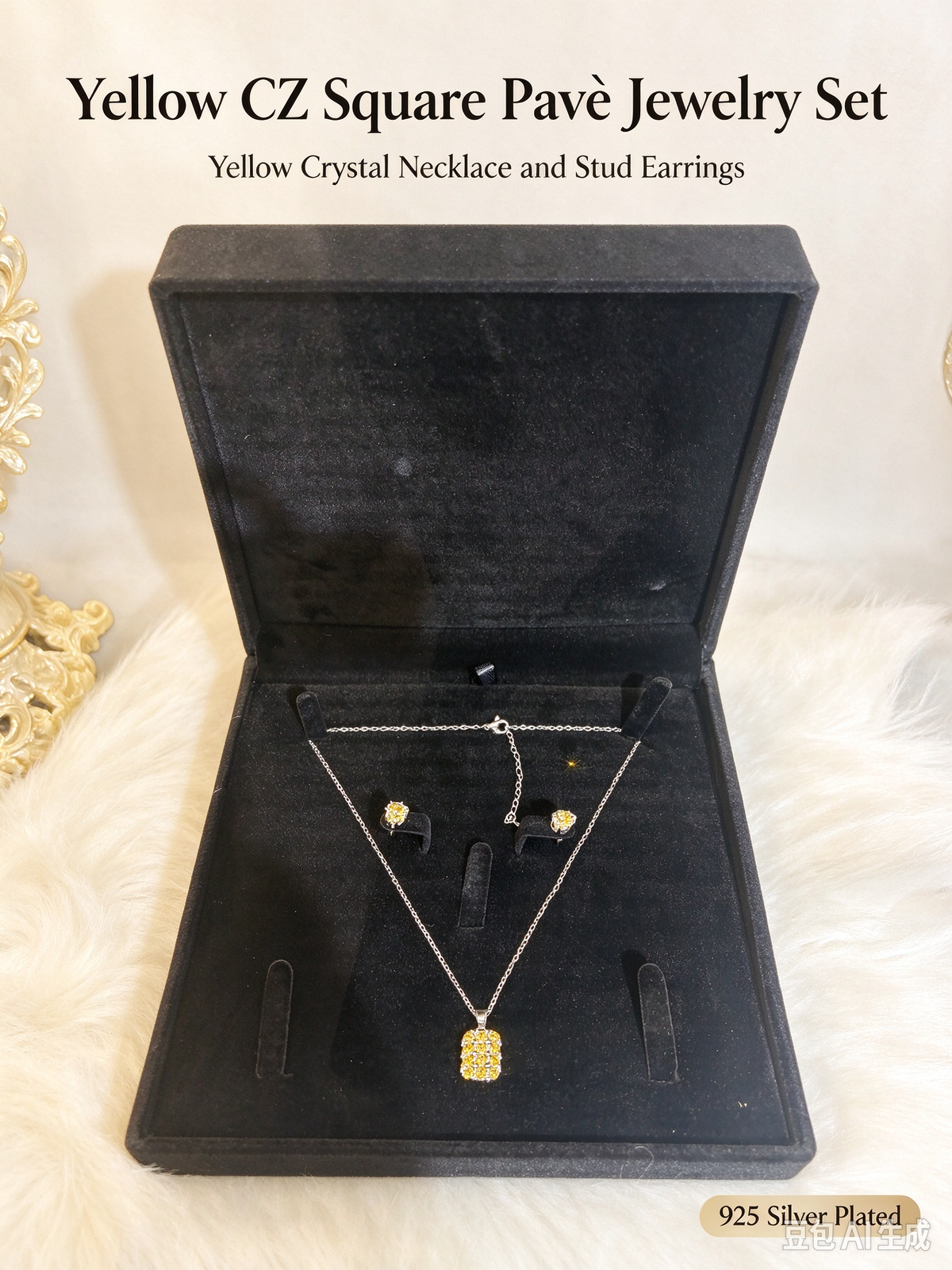 Square Pave Yellow Cubic Zirconia Necklace & Earring Stud Set, Silver Plated Women Jewelry Gift Box Set