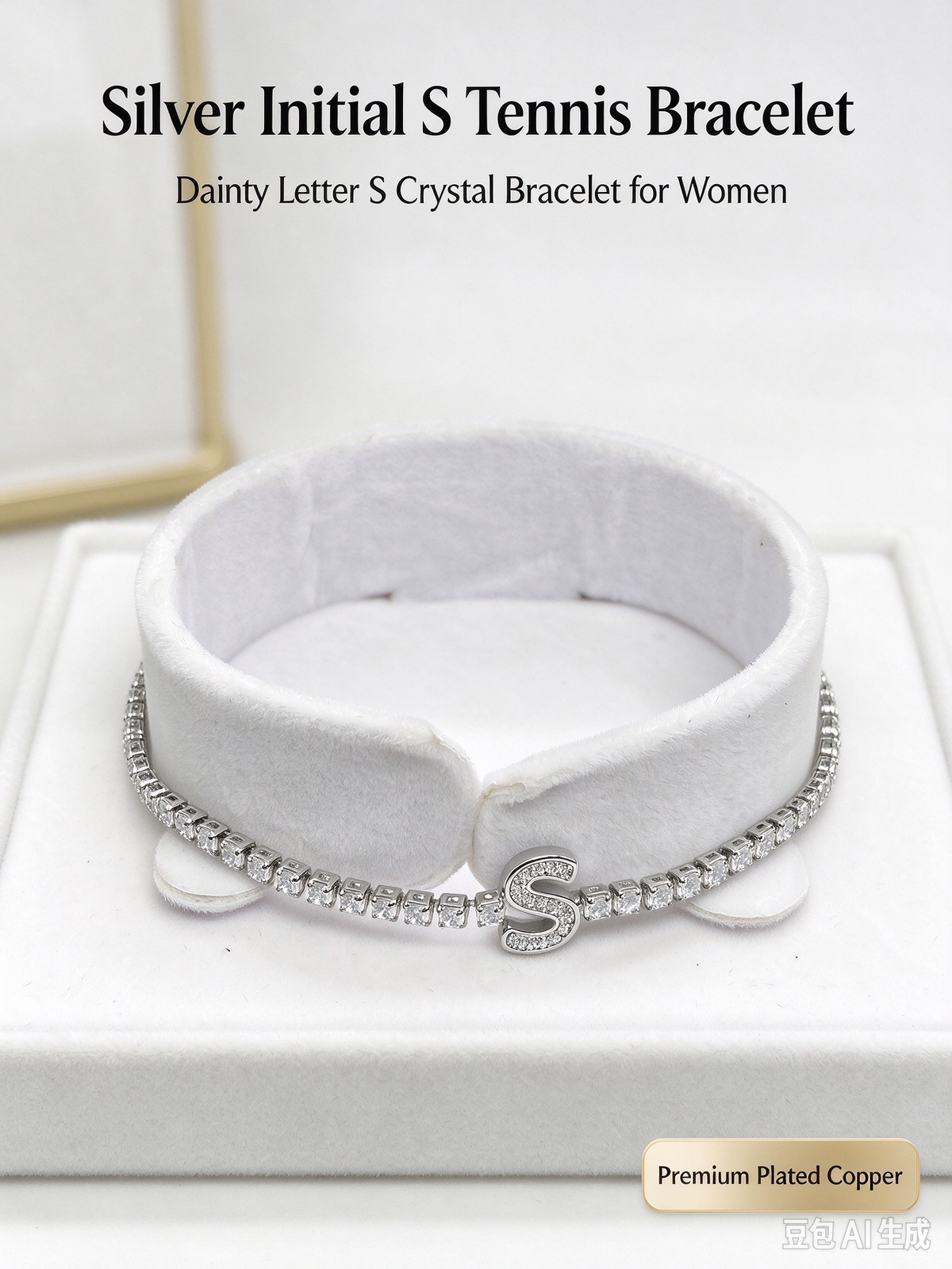 Silver Initial S Tennis Bracelet, Dainty Letter S Crystal Tennis Bracelet for Women