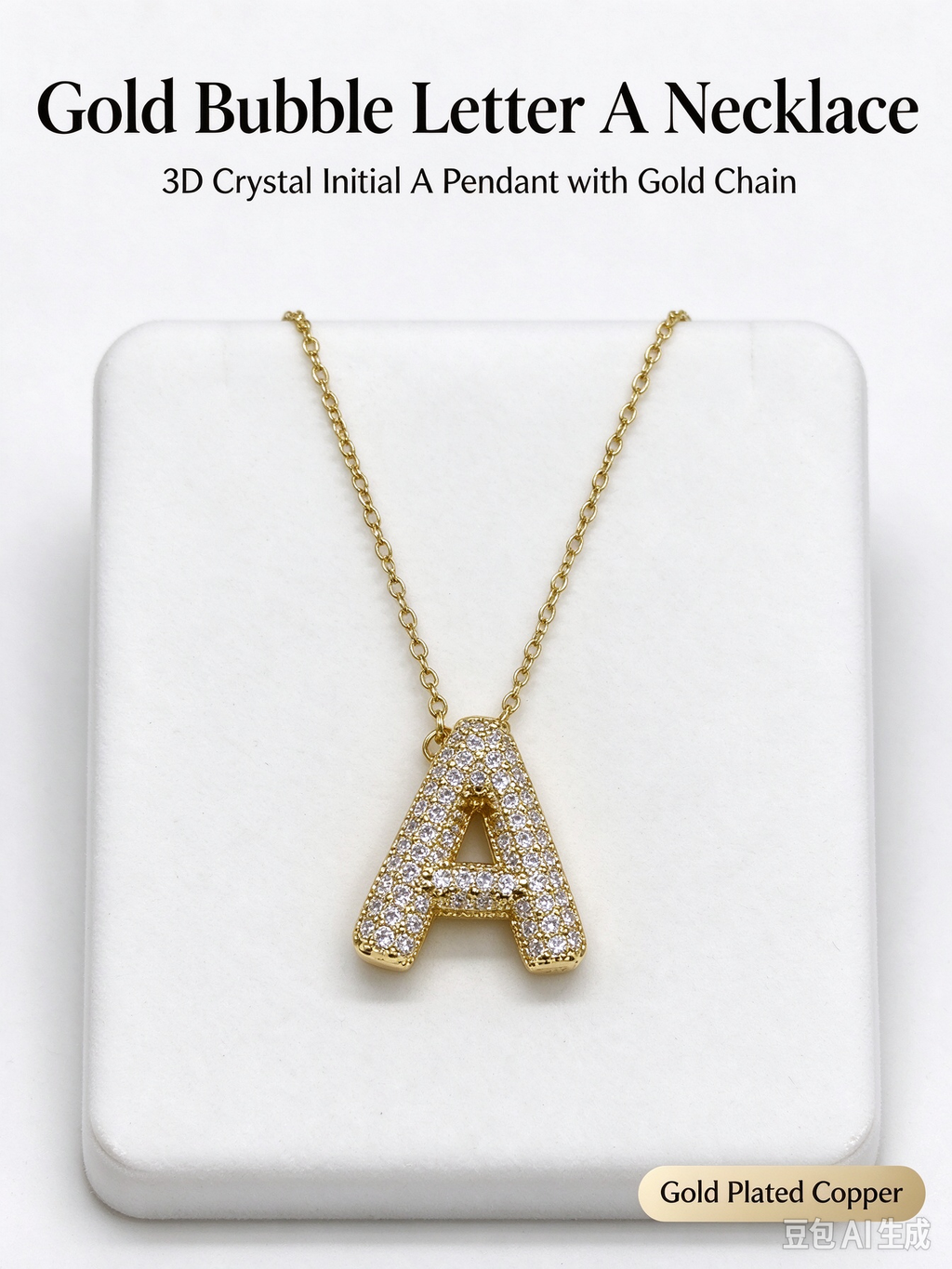 Gold Bubble Letter A Necklace, Full Pave CZ Bold Initial A Pendant Necklace