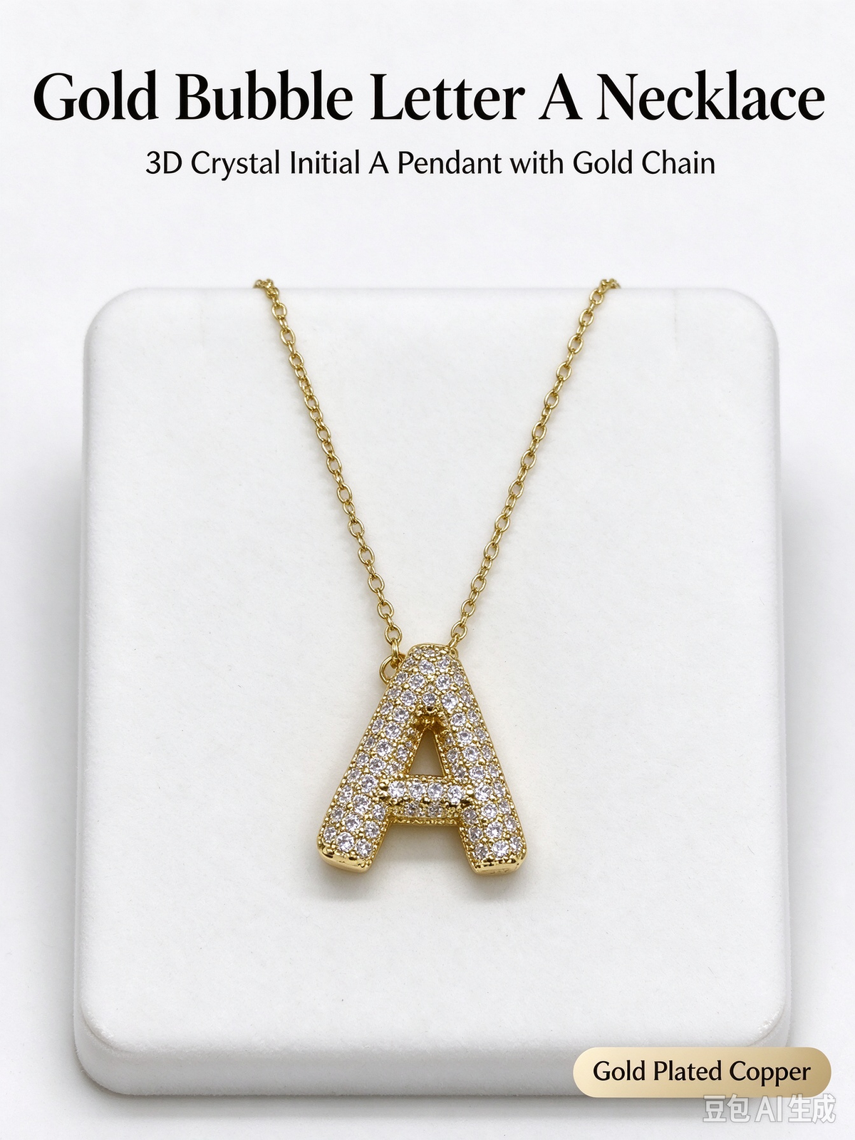 Gold Bubble Letter A Necklace, Full Pave CZ Bold Initial A Pendant Necklace