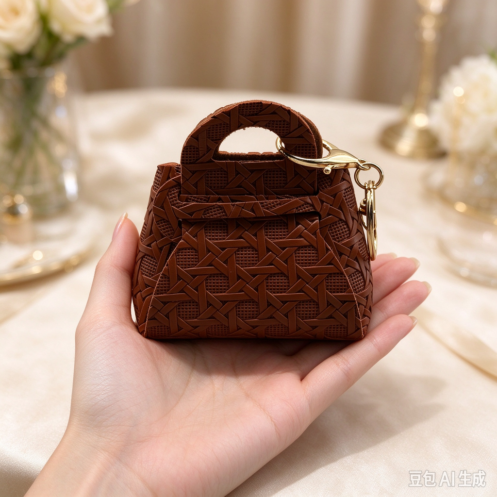 Brown Woven Top Handle Pouch, Rustic Mini Gift Bag with Gold-Tone Keyring for Wedding Favors, Bridal Shower, Party Candy & Guest Gifts