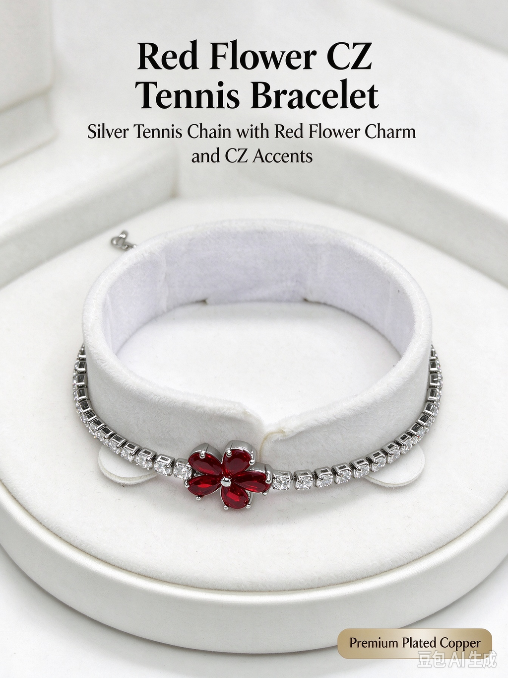 Red Flower CZ Tennis Bracelet, Silver Red Flower Charm Statement Bracelet for Women