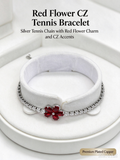Red Flower CZ Tennis Bracelet, Silver Red Flower Charm Statement Bracelet for Women