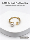 Minimal Single Pearl T-Bar Gold Open Ring