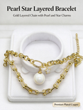 Double Layer Gold Bracelet, Large Pearl & CZ Star Charm Stacked Bracelet for Women