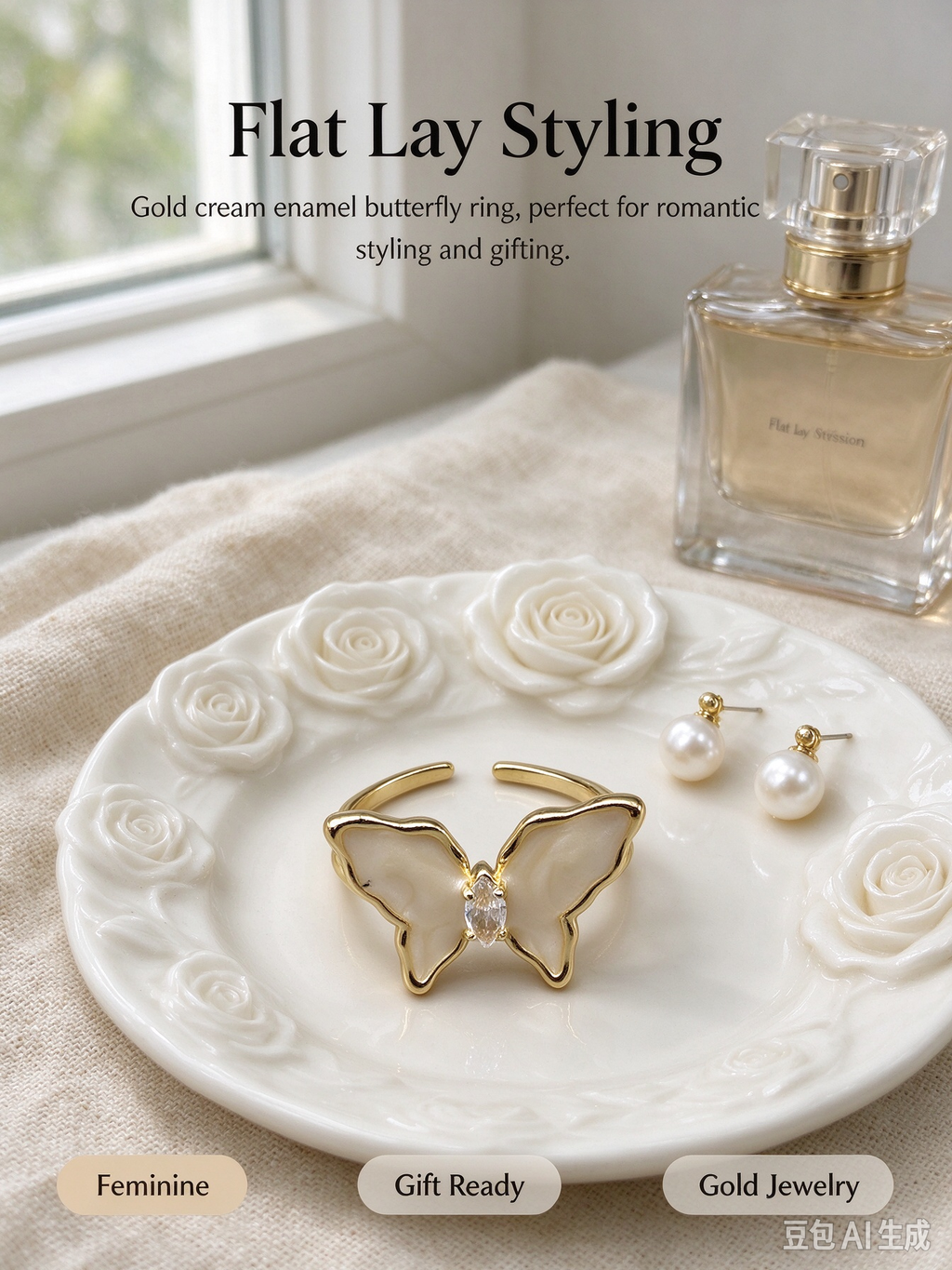 Cream Enamel Butterfly Open Ring with Marquise Crystal, Adjustable Dainty Ring for Women