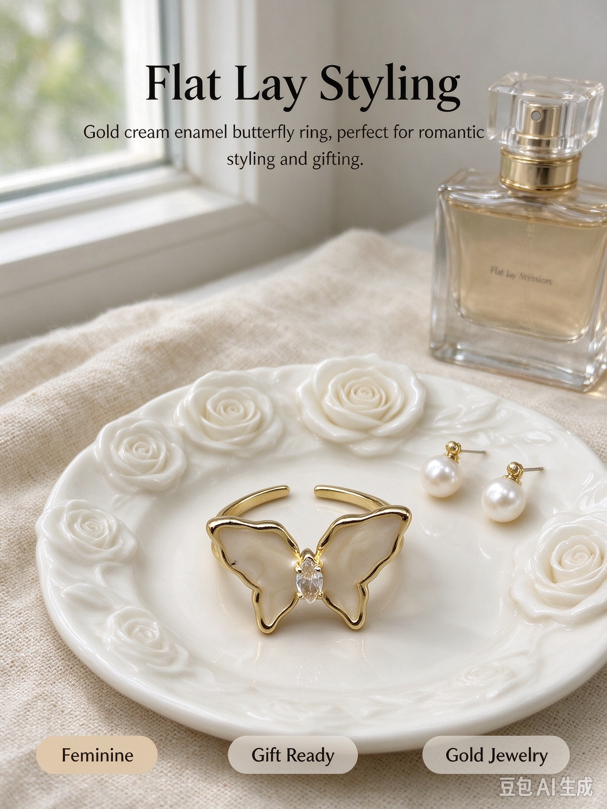 Cream Enamel Butterfly Open Ring with Marquise Crystal, Adjustable Dainty Ring for Women