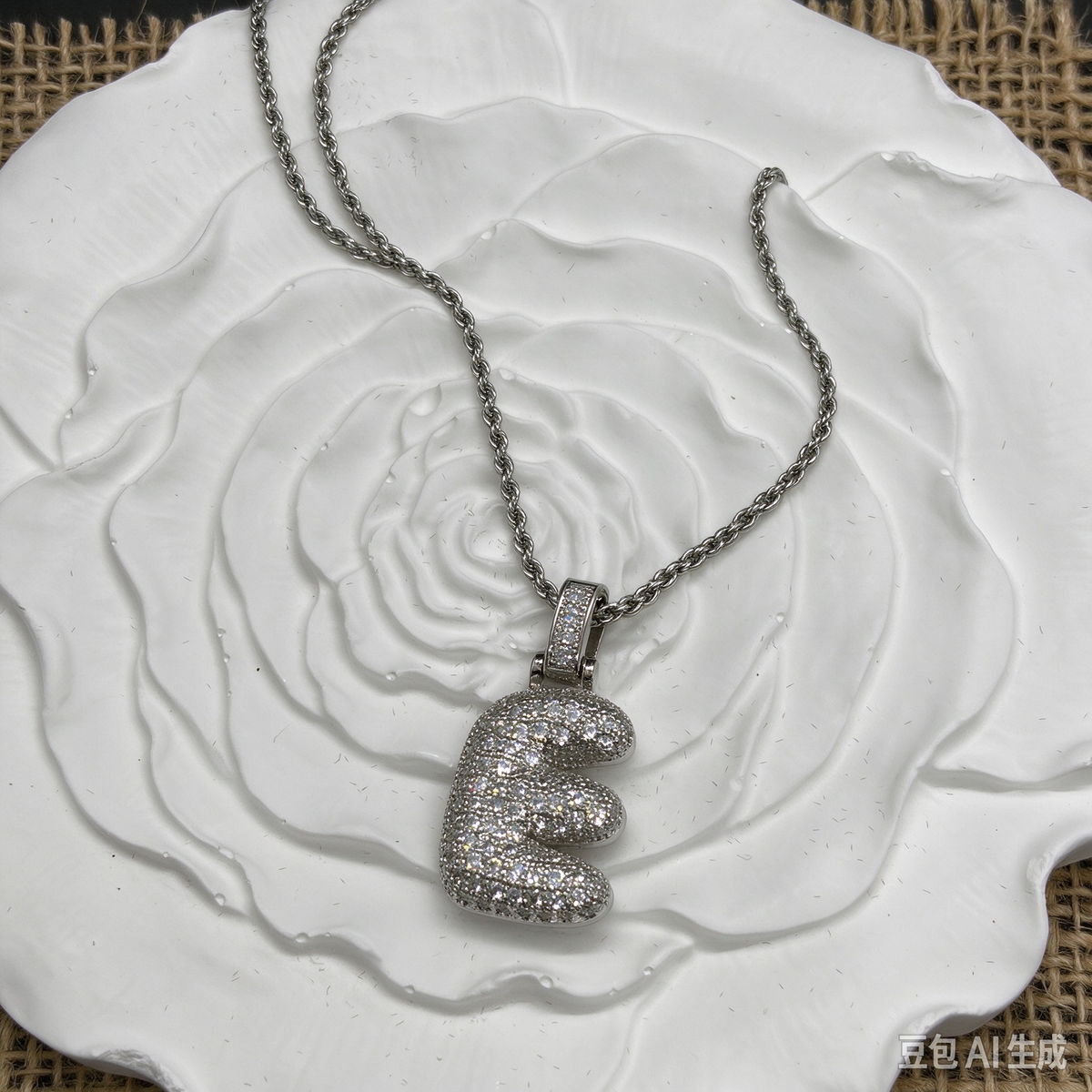 Iced Out Bubble Letter E Necklace, Silver Rhinestone Initial E Pendant with Rope Chain, Hip Hop Name Jewelry