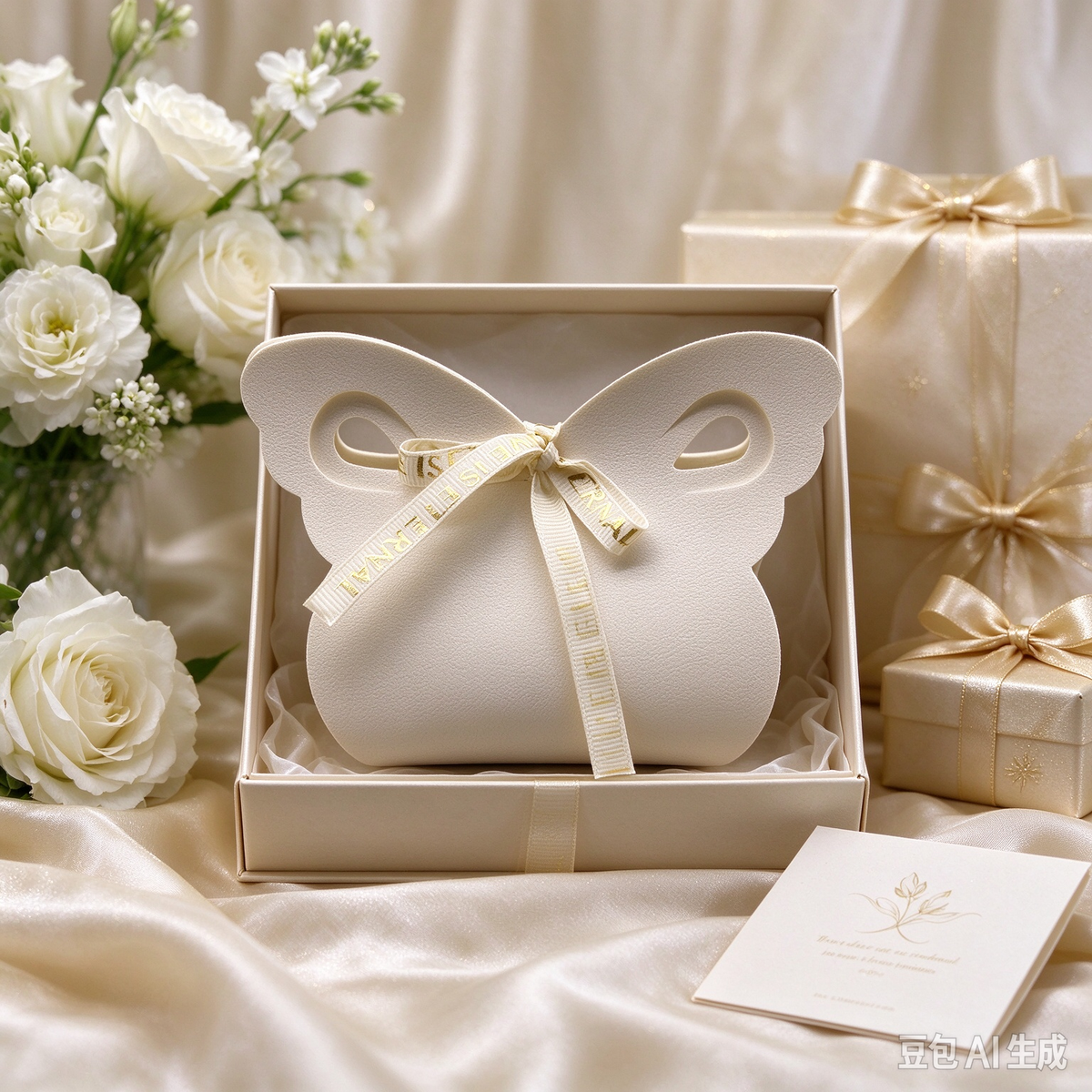 Ivory White Butterfly Faux Leather Pouch, Cute Ribbon Bow Mini Gift Bag for Wedding Favors, Bridal Shower, Party Candy & Small Trinkets