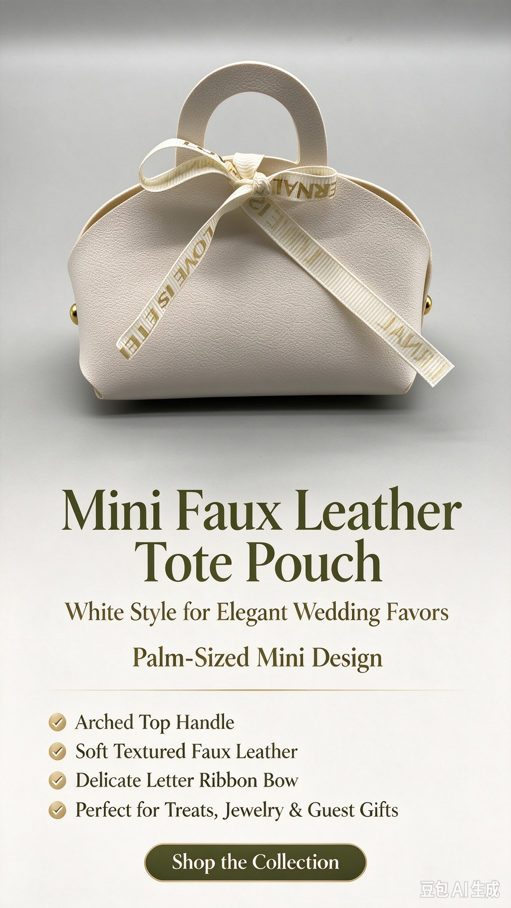 White Mini Faux Leather Tote Pouch with Delicate Letter Ribbon Bow, Small Gift Bag for Wedding Favors, Bridal Shower, Party Candy & Guest Gifts