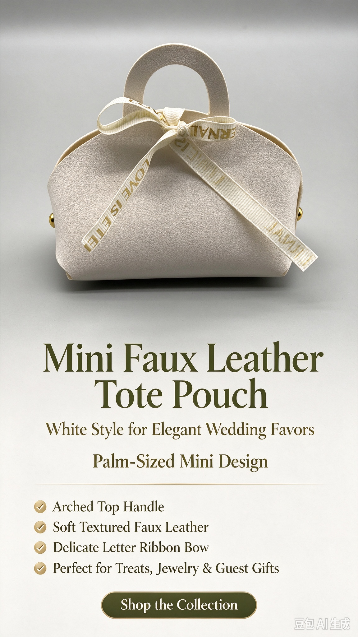 White Mini Faux Leather Tote Pouch with Delicate Letter Ribbon Bow, Small Gift Bag for Wedding Favors, Bridal Shower, Party Candy & Guest Gifts