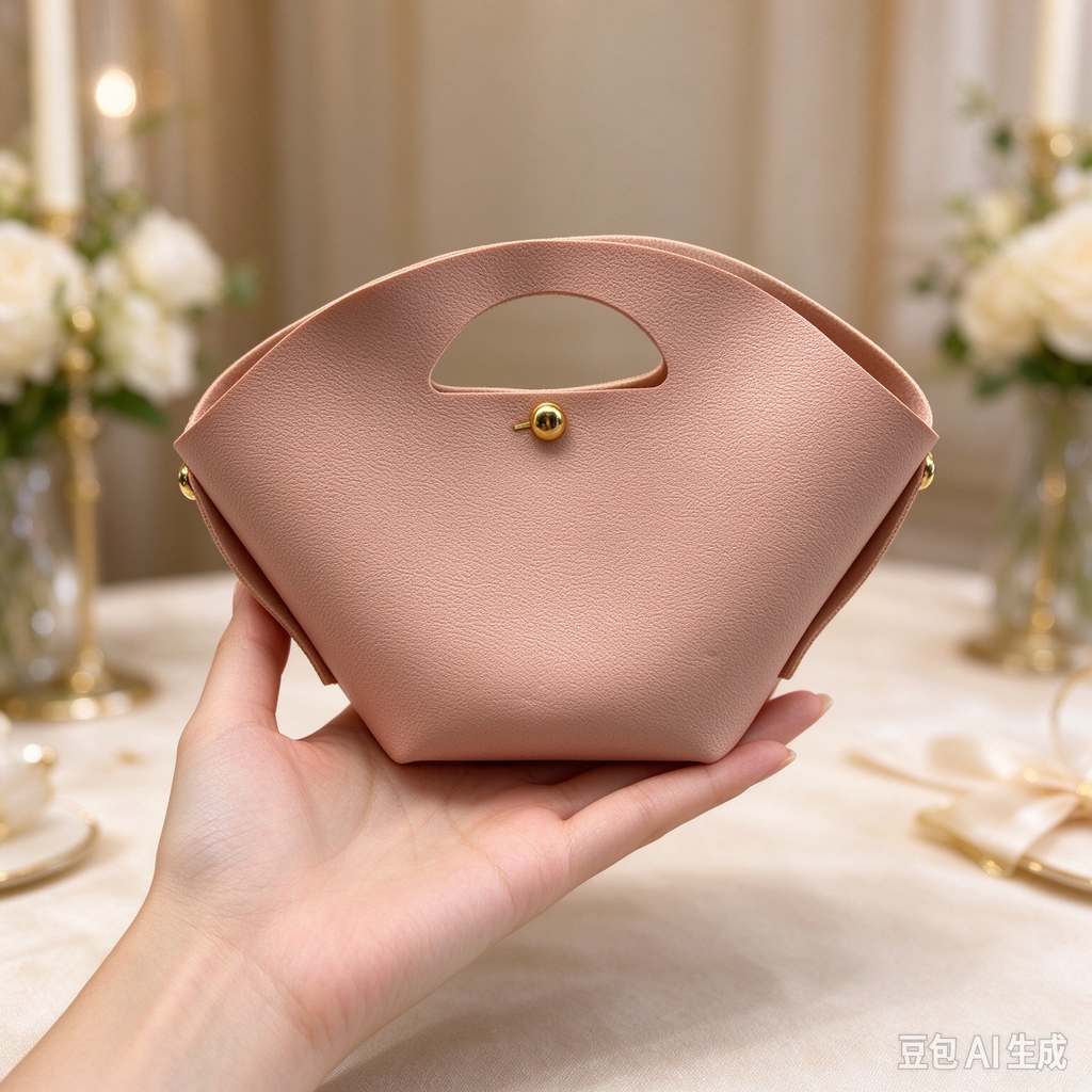 Pink Fan-Shaped Faux Leather Handle Pouch, Open Style Mini Gift Bag with Gold-Tone Studs for Wedding Favors, Bridal Shower, Party Candy & Guest Gifts