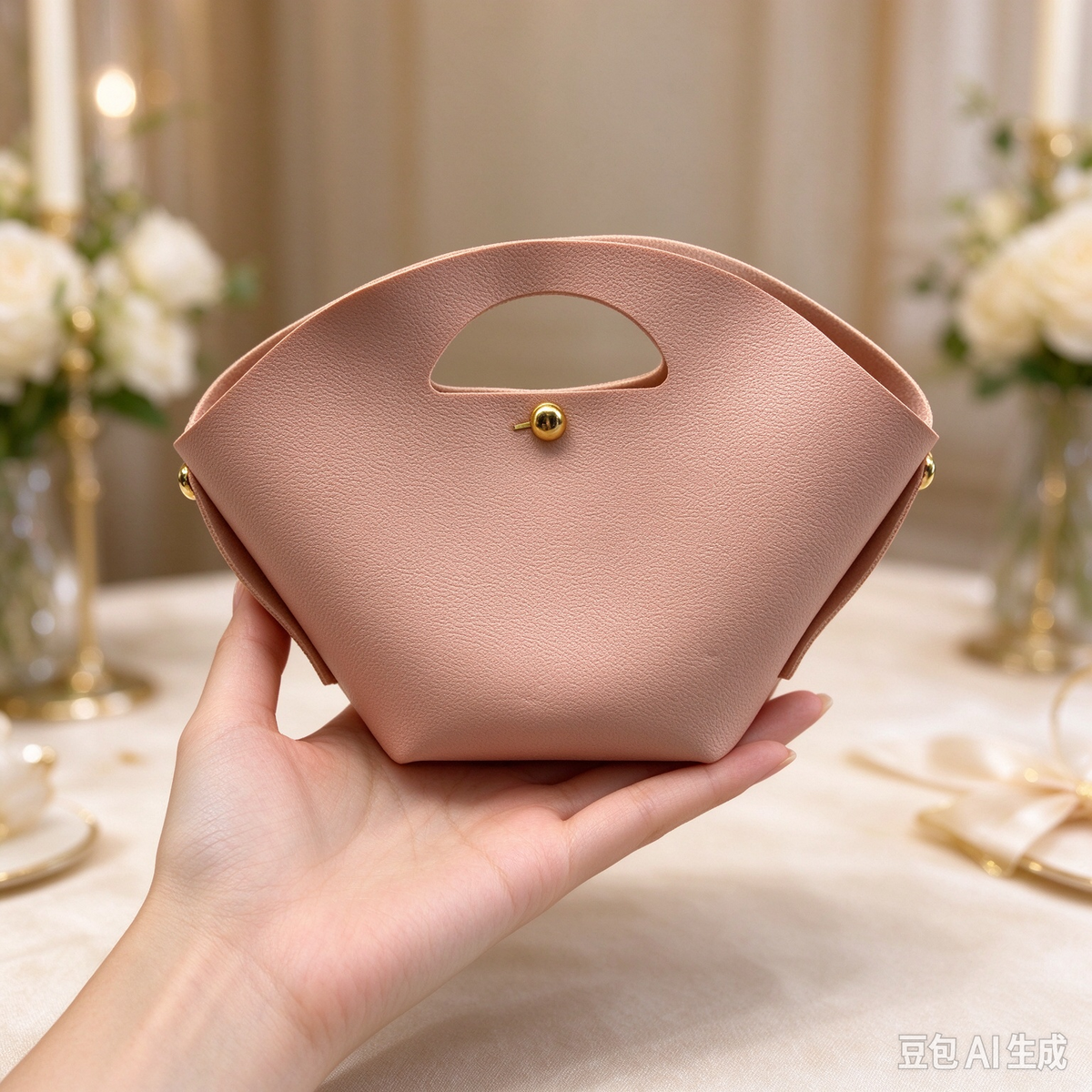 Pink Fan-Shaped Faux Leather Handle Pouch, Open Style Mini Gift Bag with Gold-Tone Studs for Wedding Favors, Bridal Shower, Party Candy & Guest Gifts