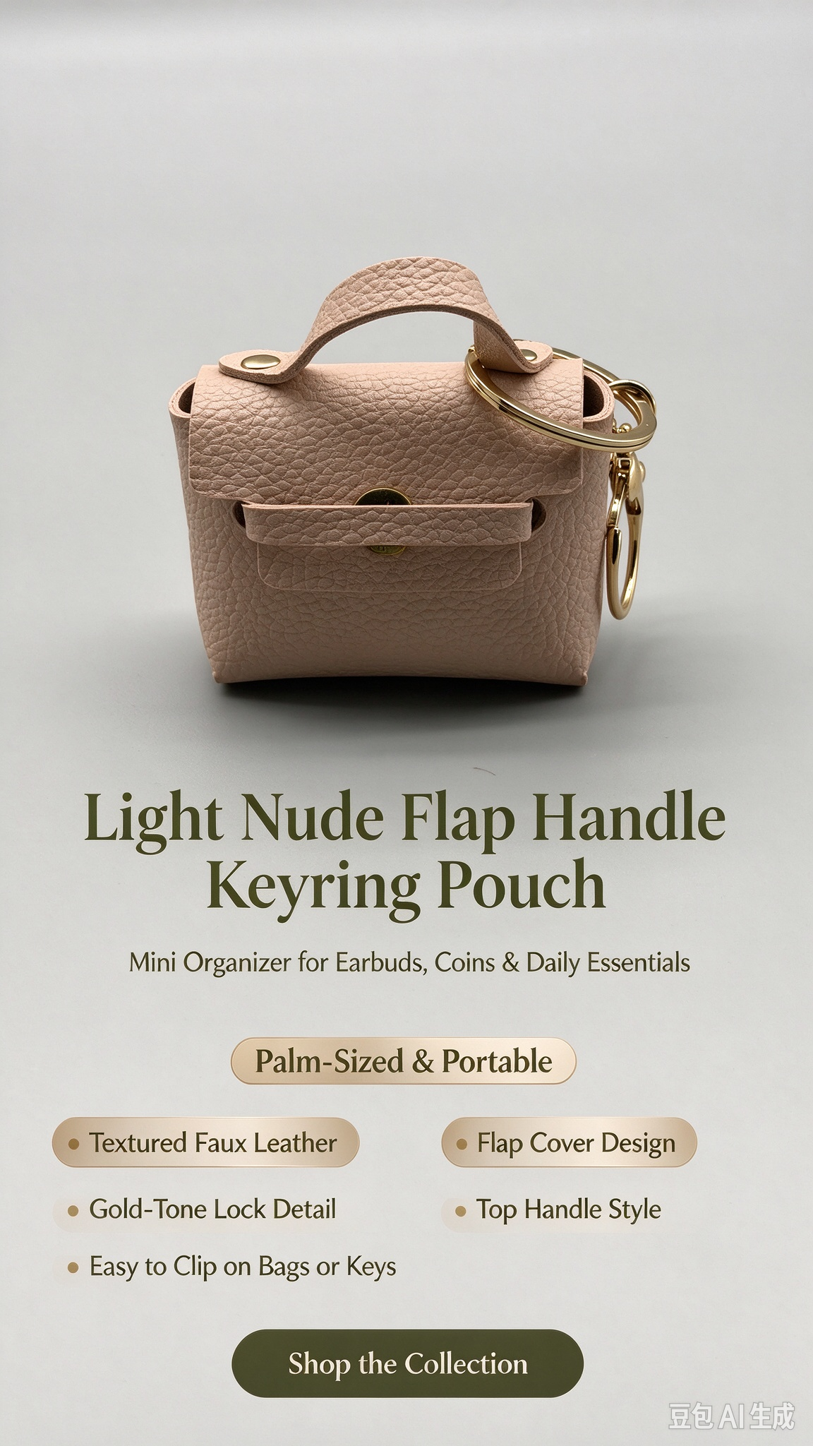 Khaki Mini Faux Leather Flap Handle Keyring Pouch, Tiny Coin Purse, Earbud Holder Bag Charm