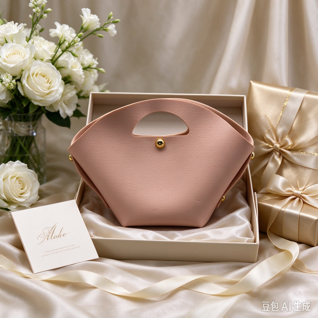 Pink Fan-Shaped Faux Leather Handle Pouch, Open Style Mini Gift Bag with Gold-Tone Studs for Wedding Favors, Bridal Shower, Party Candy & Guest Gifts