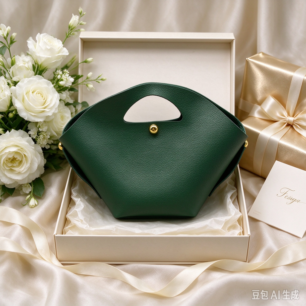 Green Fan-Shaped Faux Leather Handle Pouch, Open Style Mini Gift Bag with Gold-Tone Studs for Wedding Favors, Bridal Shower, Party Candy & Guest Gifts