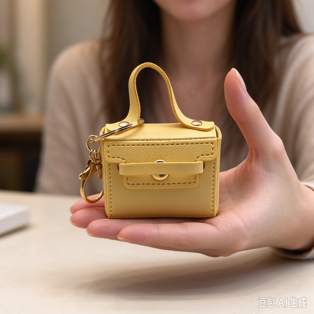 Pale Yellow Mini Faux Leather Flap Handle Keyring Pouch, Tiny Coin Purse, Earbud Holder Bag Charm