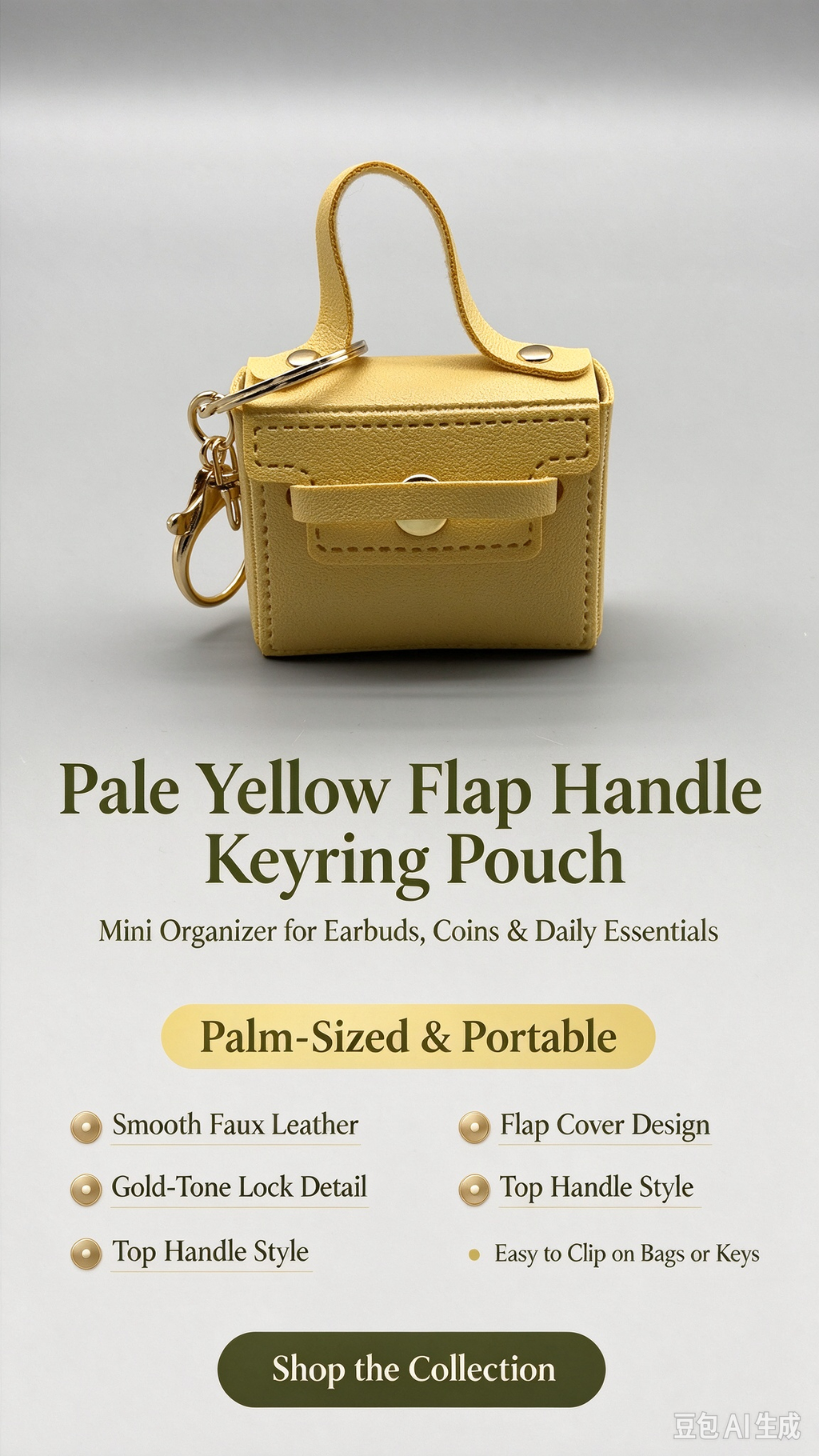 Pale Yellow Mini Faux Leather Flap Handle Keyring Pouch, Tiny Coin Purse, Earbud Holder Bag Charm