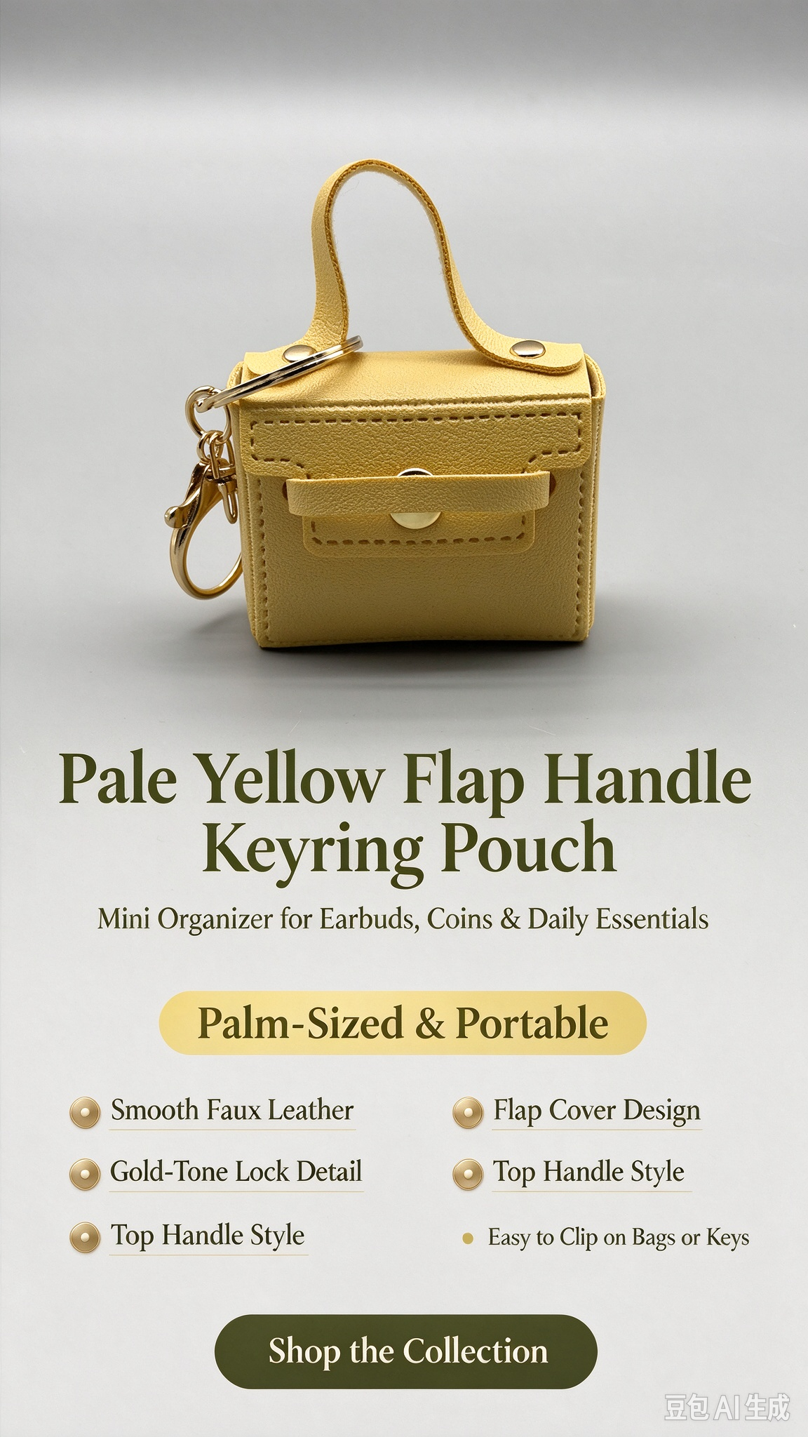 Pale Yellow Mini Faux Leather Flap Handle Keyring Pouch, Tiny Coin Purse, Earbud Holder Bag Charm