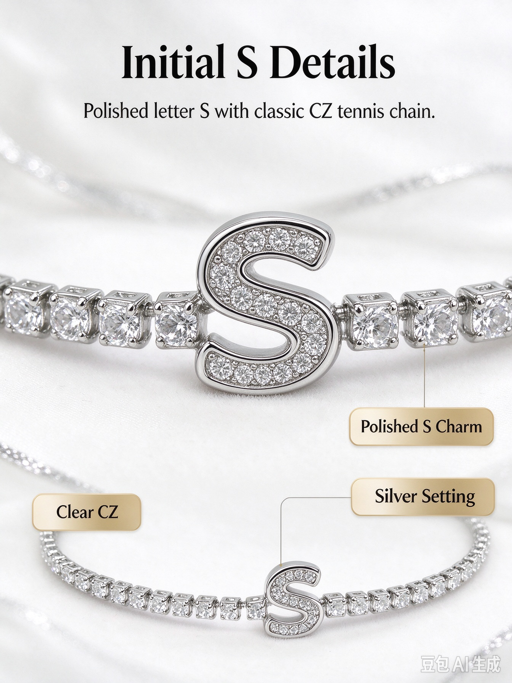 Silver Initial S Tennis Bracelet, Dainty Letter S Crystal Tennis Bracelet for Women