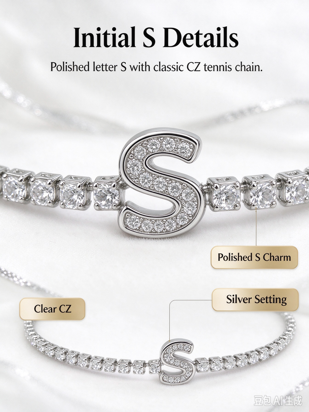 Silver Initial S Tennis Bracelet, Dainty Letter S Crystal Tennis Bracelet for Women