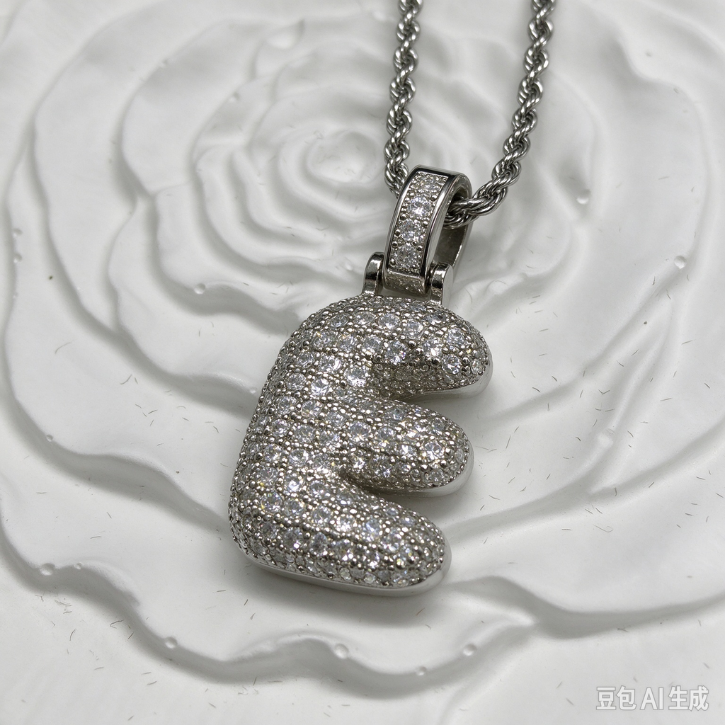 Iced Out Bubble Letter E Necklace, Silver Rhinestone Initial E Pendant with Rope Chain, Hip Hop Name Jewelry
