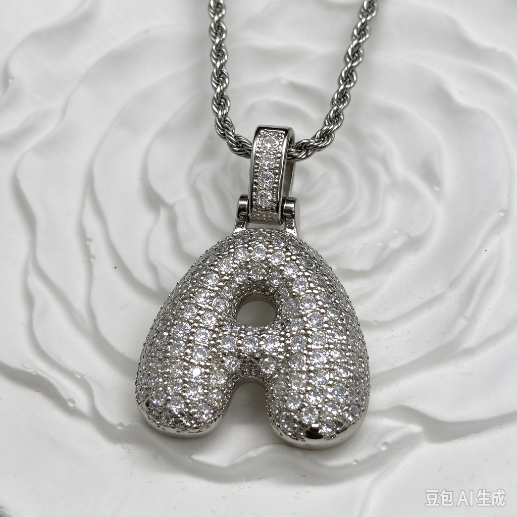 Silver Plated Bubble Letter A Necklace, Iced Out Rhinestone Initial Pendant, Silver Rope Chain Hip Hop Jewelry