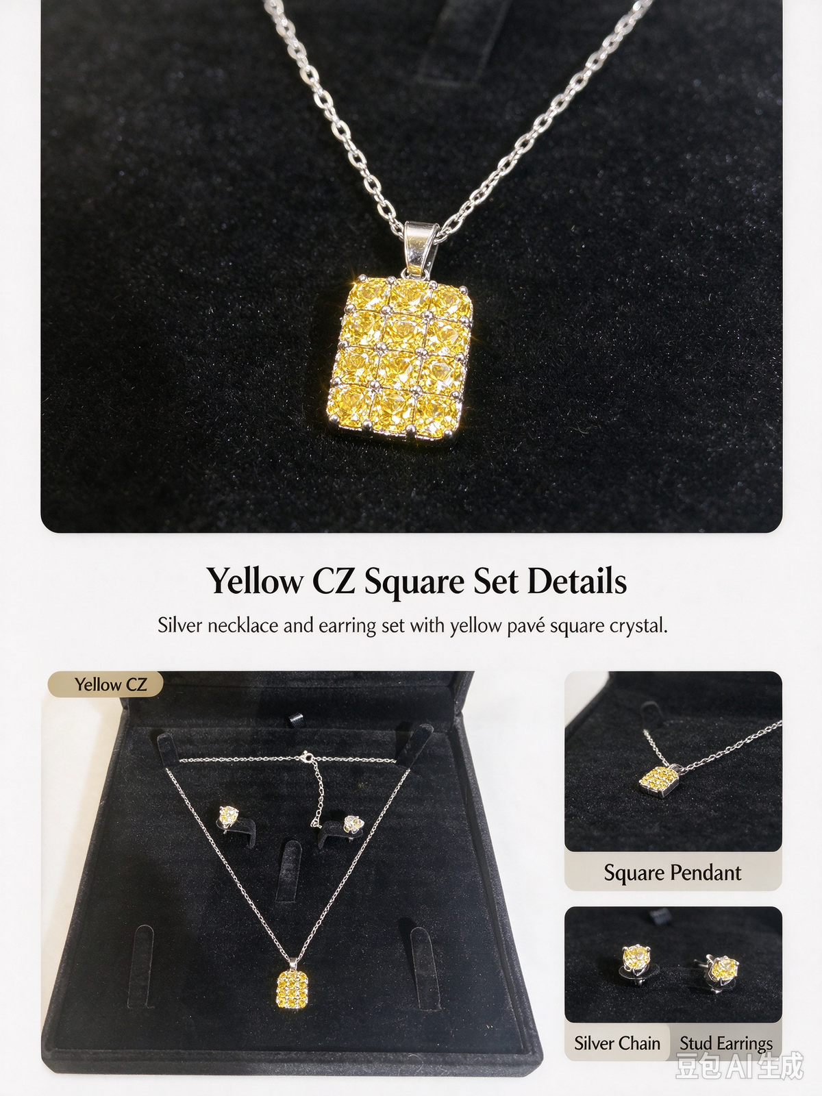 Square Pave Yellow Cubic Zirconia Necklace & Earring Stud Set, Silver Plated Women Jewelry Gift Box Set