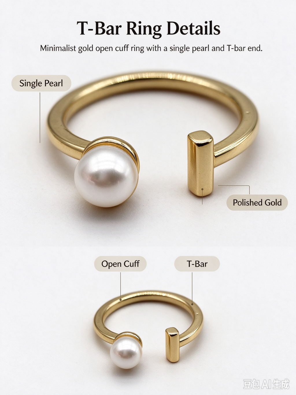 Minimal Single Pearl T-Bar Gold Open Ring