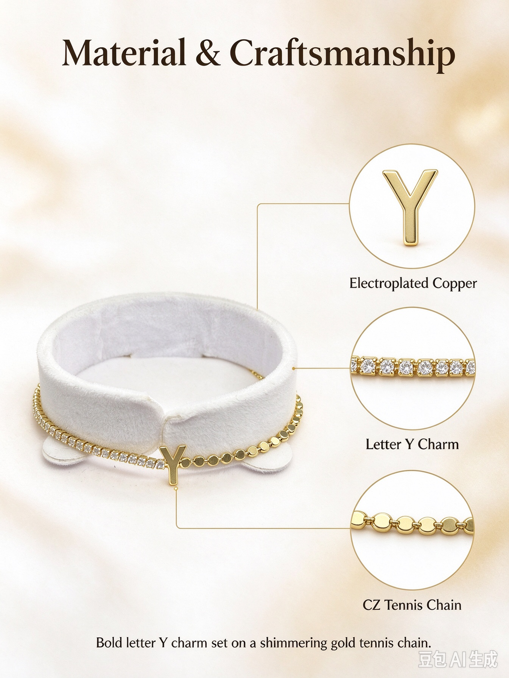 Gold Two-Strand Initial Y Bracelet, Dual Chain Letter Y Bracelet with Crystal & Bead Chain