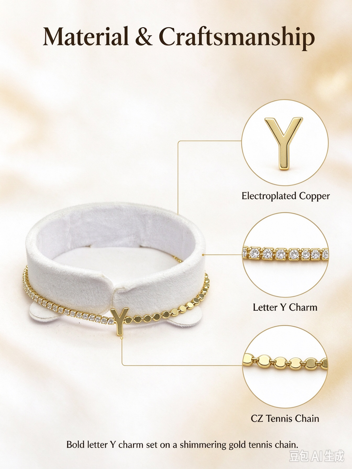 Gold Two-Strand Initial Y Bracelet, Dual Chain Letter Y Bracelet with Crystal & Bead Chain