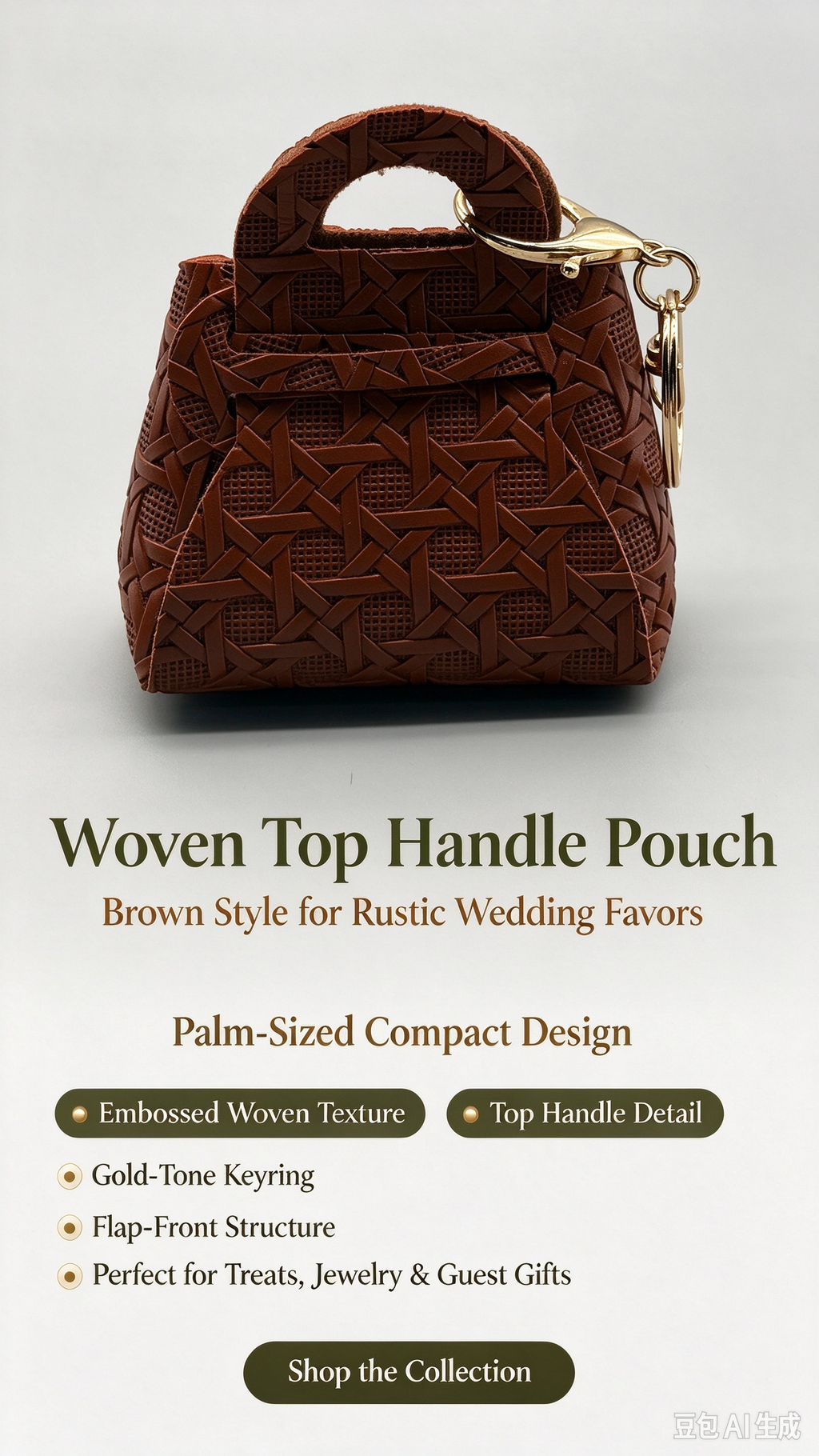 Brown Woven Top Handle Pouch, Rustic Mini Gift Bag with Gold-Tone Keyring for Wedding Favors, Bridal Shower, Party Candy & Guest Gifts
