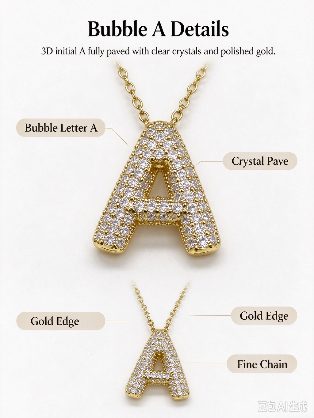 Gold Bubble Letter A Necklace, Full Pave CZ Bold Initial A Pendant Necklace