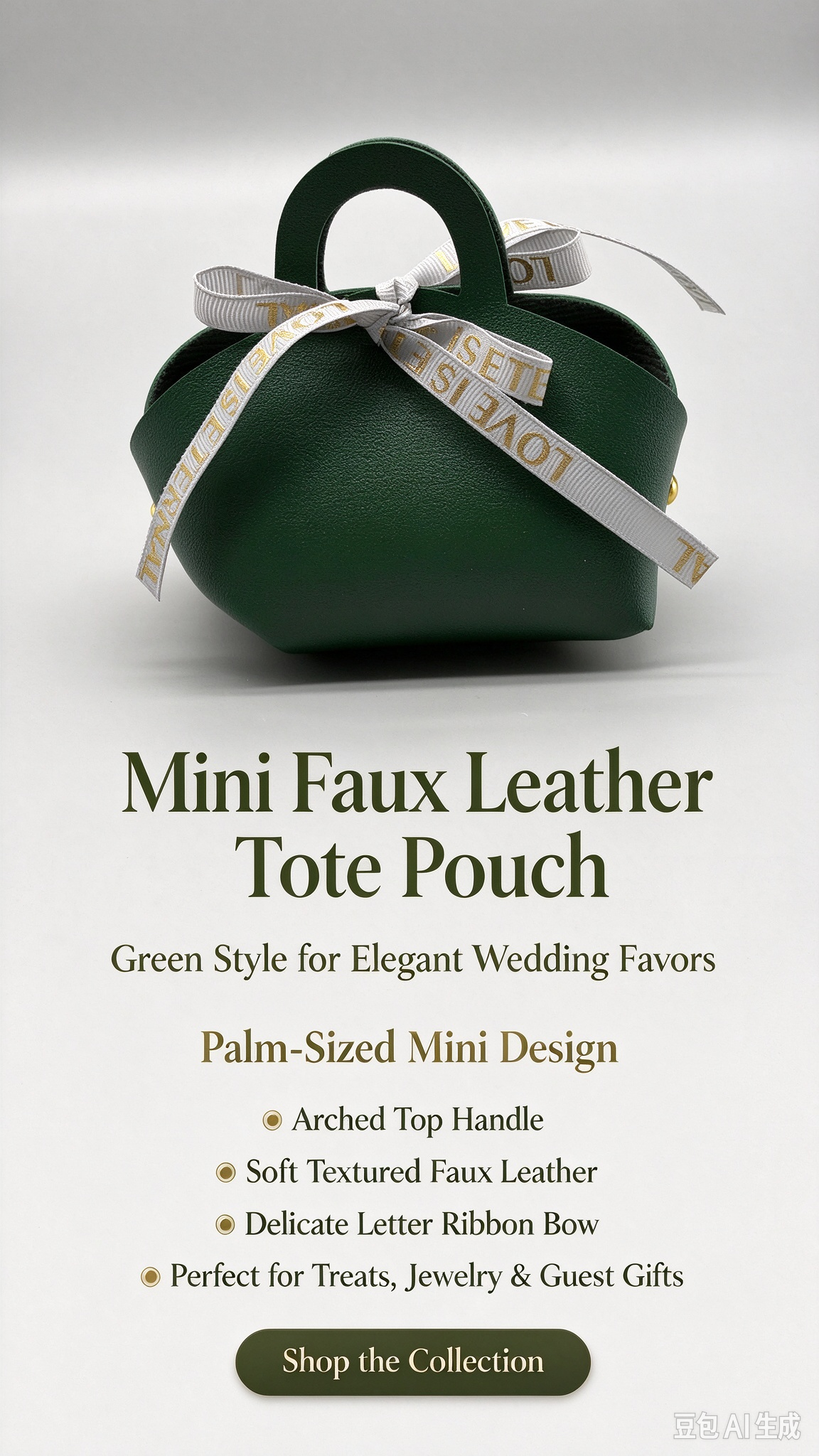 Green Mini Faux Leather Tote Pouch with Delicate Letter Ribbon Bow, Small Gift Bag for Wedding Favors, Bridal Shower, Party Candy & Guest Gifts