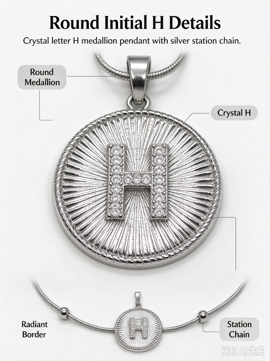 Sunburst H Initial Medallion Necklace, Silver Rhinestone Letter Pendant Snake Chain Necklace
