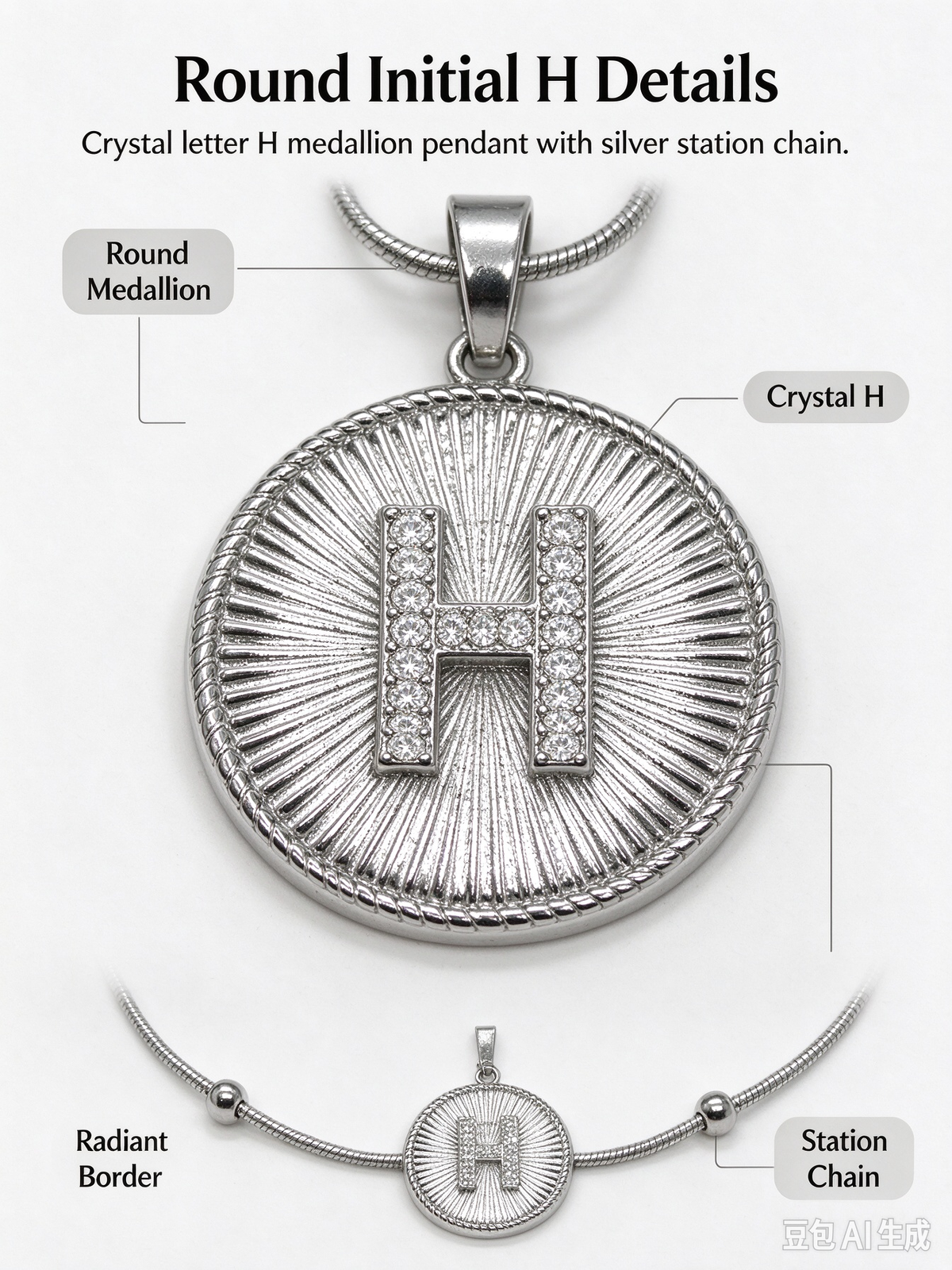 Sunburst H Initial Medallion Necklace, Silver Rhinestone Letter Pendant Snake Chain Necklace