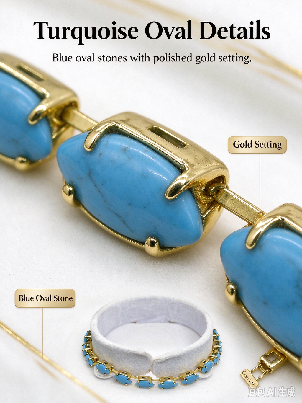 Gold Turquoise Oval Stone Bracelet, Blue Oval Charm Chain Bracelet for Women