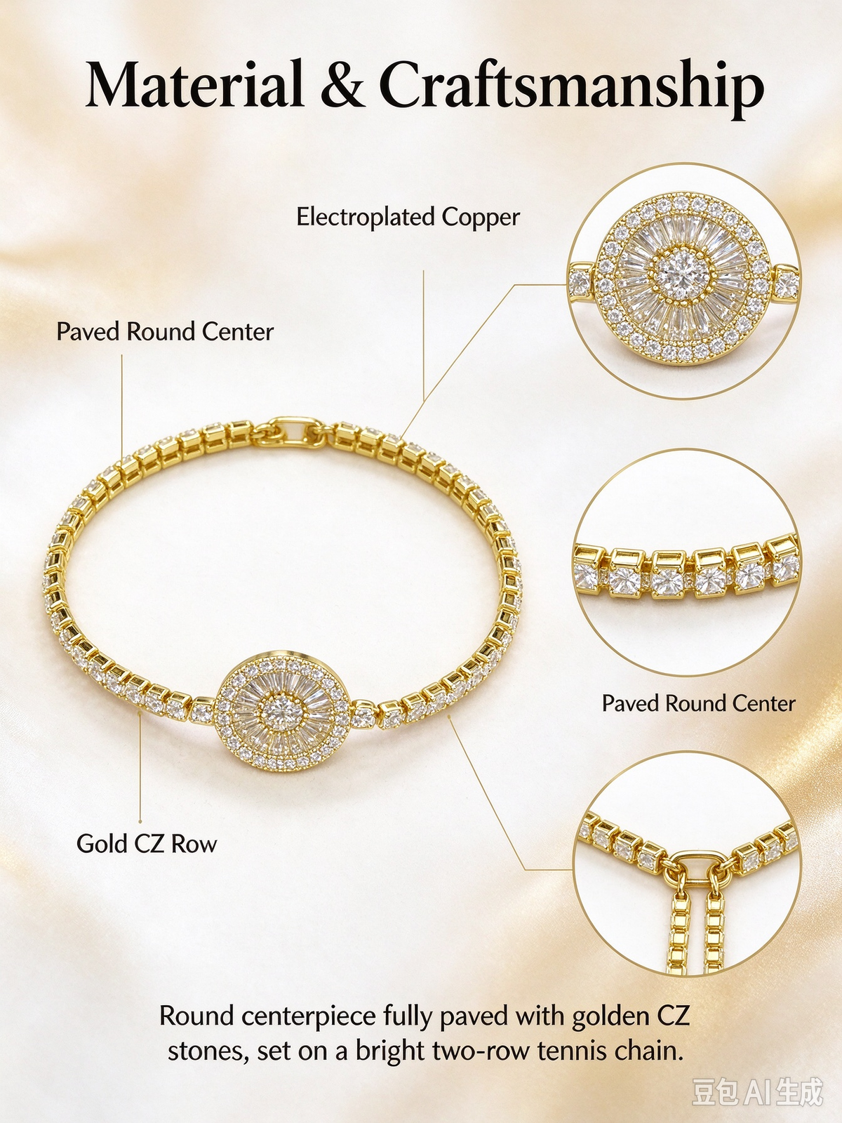 Gold Sunflower Tennis Bracelet, Vintage Radiant Zircon Statement Bracelet